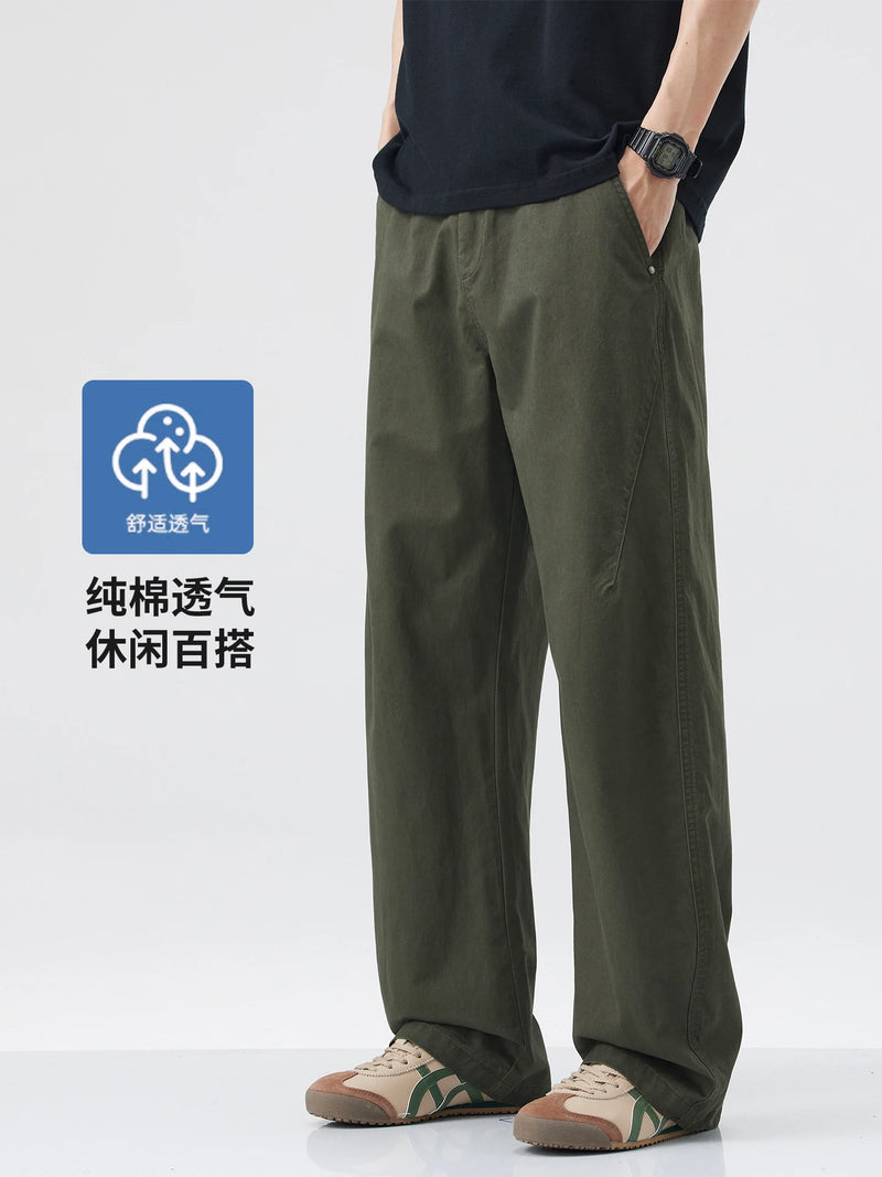 DUKEEN 100% Cotton Men's Casual Long Pants Summer Relaxed Straight Fit Wrinkle-Resistant Non-Iron Basic Khaki Chinos