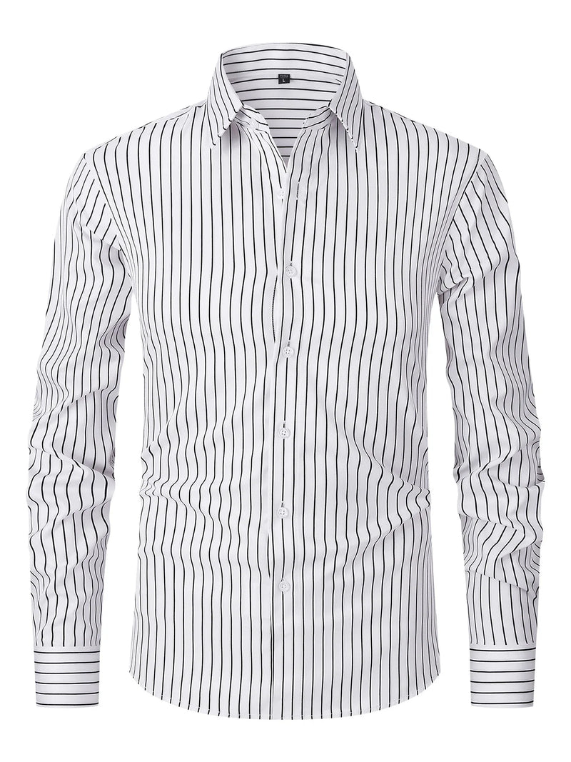2026 Men's Pink Long-Sleeve Striped Shirt, White Single-Breasted Lapel Shirts, Available in Black or Blue.