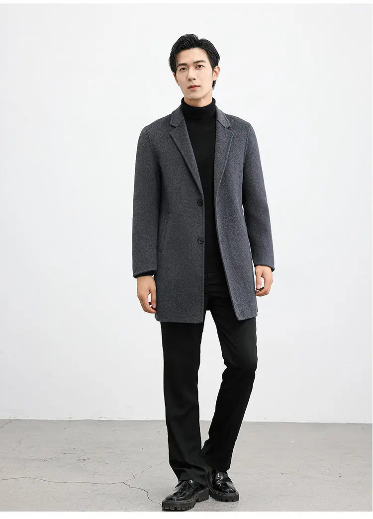 2026 New Winter Men's Camel Wool Coat, High-Quality Black Single-Button Long-Sleeve Jacket, Business/Office/Dinner Wear.