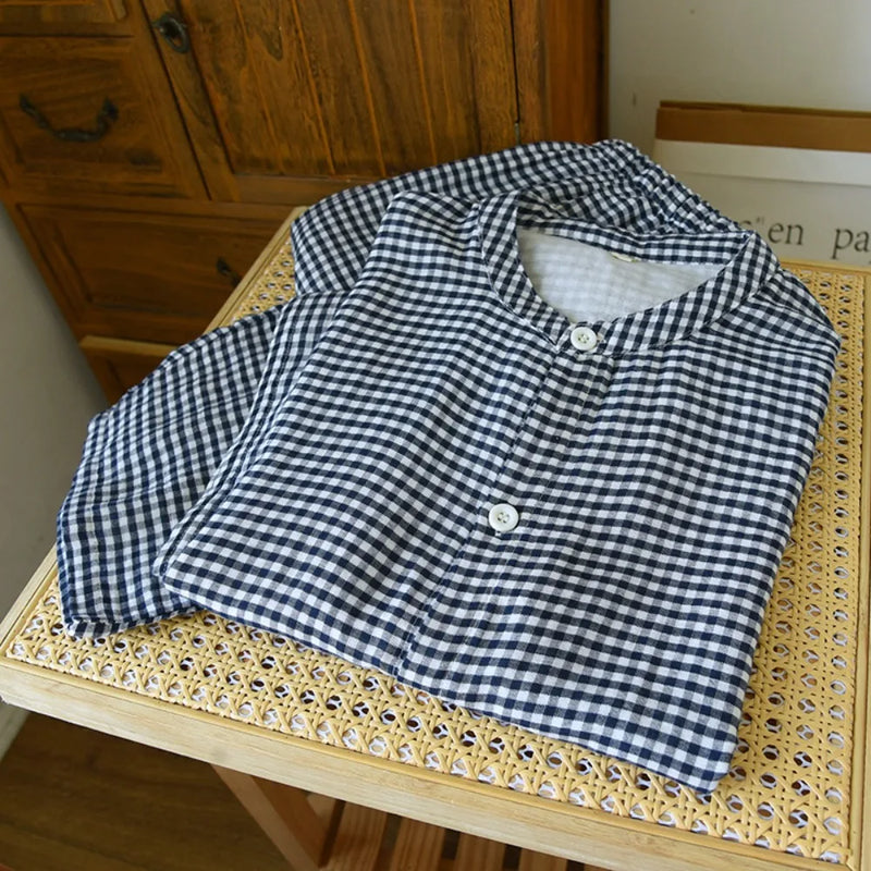 Plaid Sleepwear Clothes For Men's and Women's Cotton Summer Short Sleeved Long Pants Two-Piece Pajamas Set Couple Home Clothes
