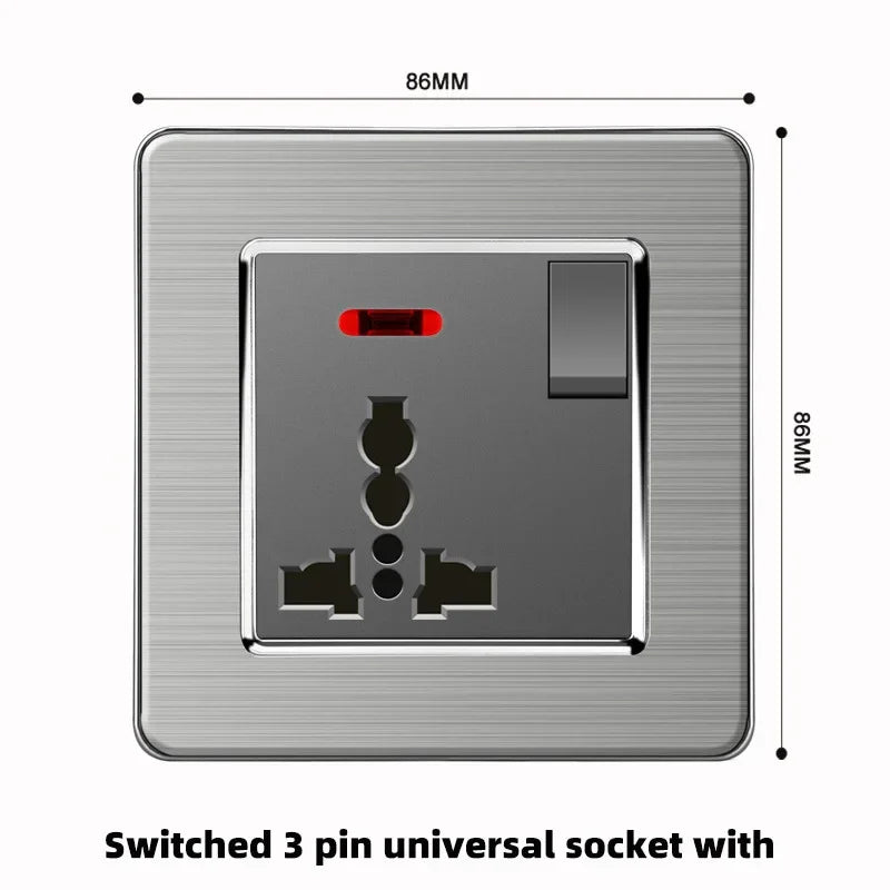 Grey Stainless Steel Metal Uk 13A Wall 220V Light Switch with Electrical Socket, Smart Type-c Fast Charging Wall USB C Socket