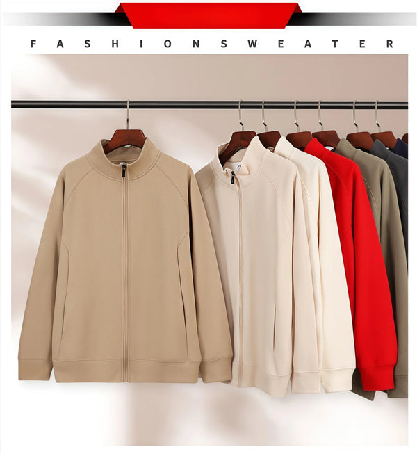 Casual couple style Custom-made loose stand-up collar hoodie solid color zipper jacket  with added fleece for Winter