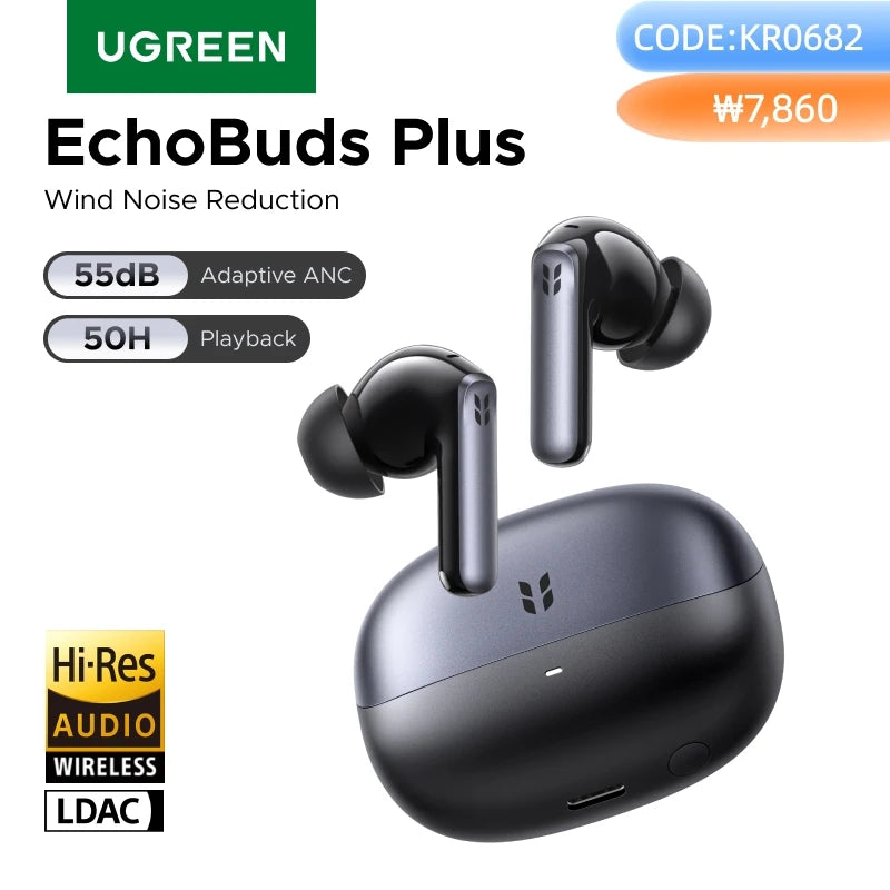 UGREEN EchoBuds Plus In-Ear Bluetooth Wireless Active Noise Cancelling Earphones 55dB Adaptive ANC, LDAC Headphones 50H Playtime