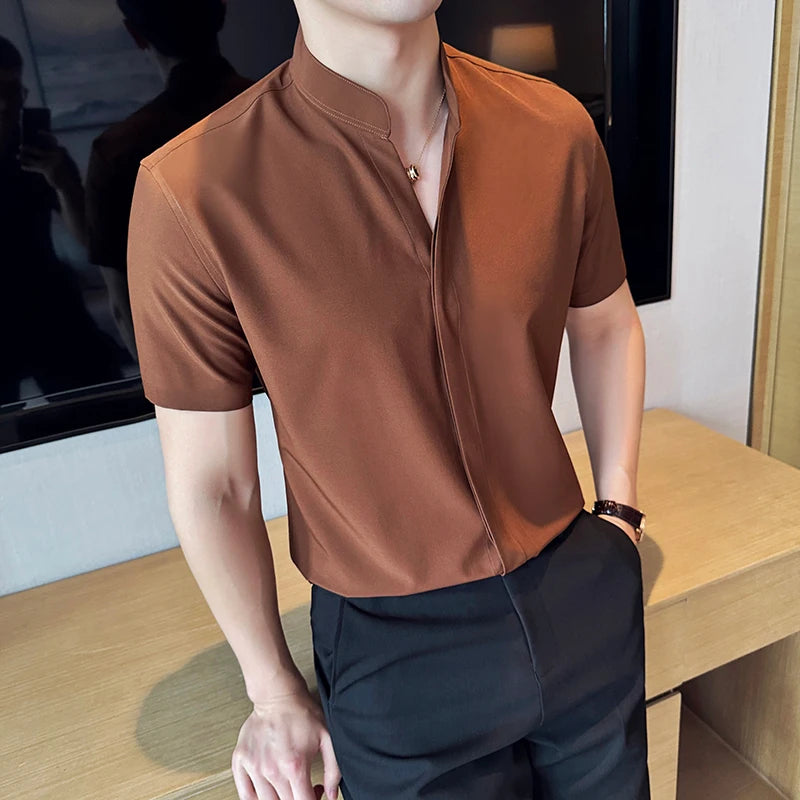 Stand Collar Short-Sleeved Shirt, Men's High-Grade White V-Collar Shirt, Drape Stretch Fashion V-neck Shirt, Business Office