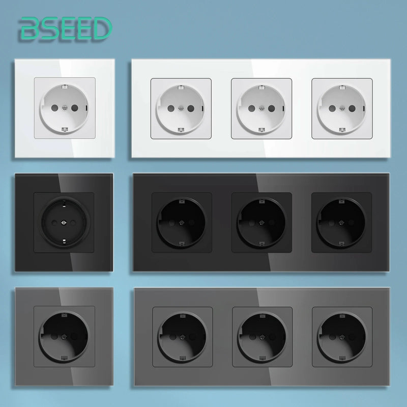 BSEED EU Power Socket Electrical Outlets Triple Power Plugs Crystal Glass Panel 16A European Standard Wall Socket 86*86mm