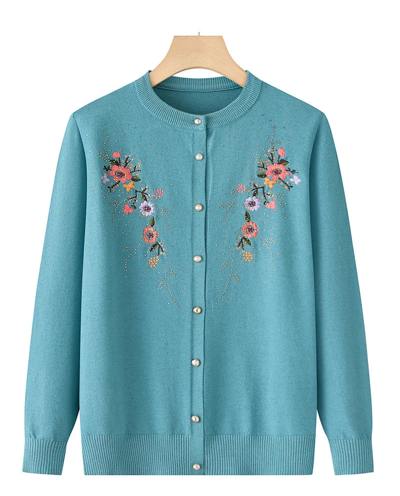 Middle-aged And Elderly Women's Embroidery Knit Cardigan Jacket Single-breasted Slim Sweater Coat Spring Autumn Grandma Clothing