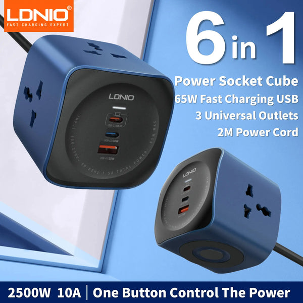 បន្ទះ ភ្លើង Cube LDNIO 65W ស្ថានីយ សាក ថ្ម ខ្សែ ភ្លើង បន្ថែម 2M ឌុយ EU UK US អាដាប់ទ័រ USB C រន្ធ ការពារ ចរន្ត ភ្លើង ឡើង ចុះ