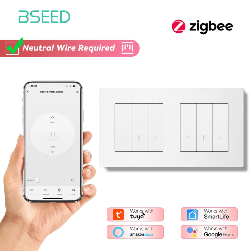 BSEED E Series Zigbee Shutter Switch Smart Click Button Switch for Blinds Plastic Frame Support Tuya Smart Life Alexa Control