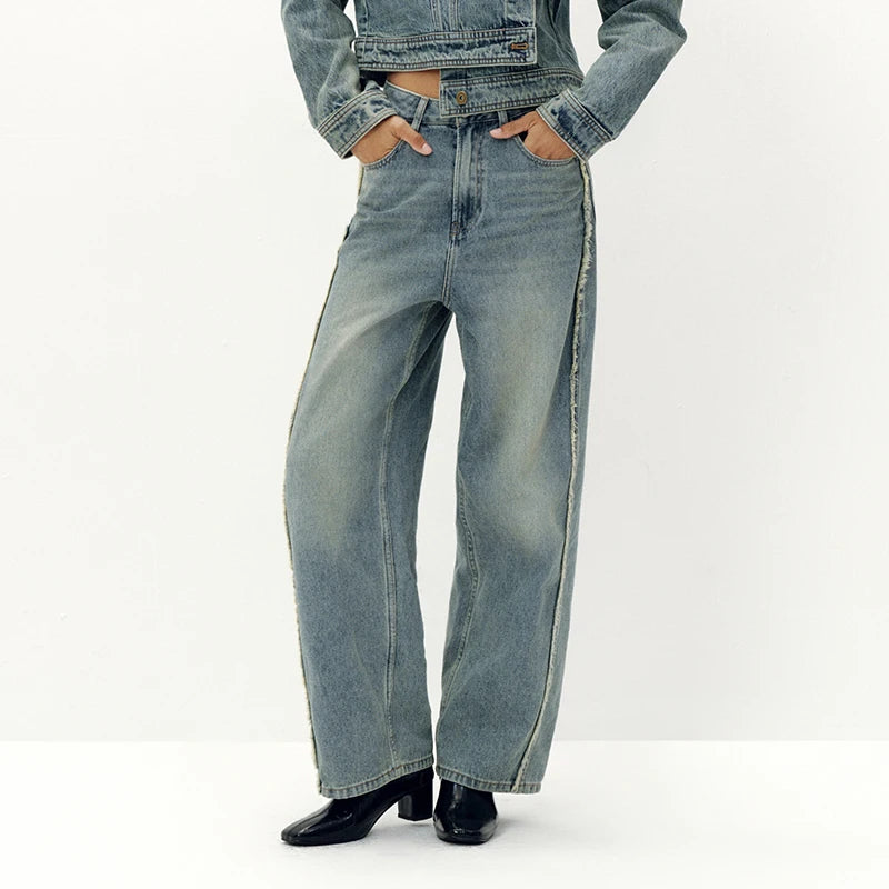 Semir Women Jeans Curved Barrel Loose Washed Street Style Draping Wide Leg 2026 Autumn Fashion Denim Bottoms Daily Wear