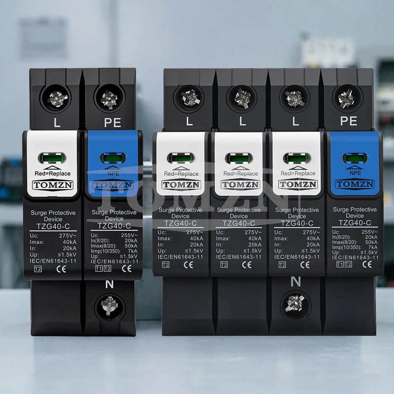 TOMZN N-PE Surge Protector SPD 1P+NPE & 3P+NPE Discharge Tube 20-50kA 230V/380V AC Pluggable T1+T2 1.5kV Flame-Retardant Housing