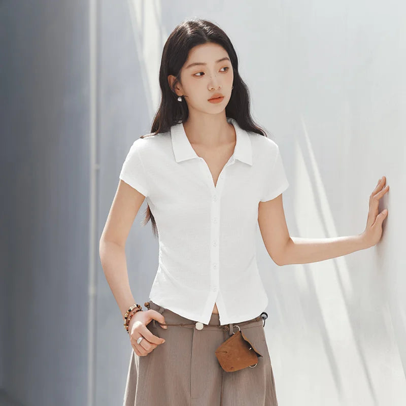 Semir Womens Polo 2026 Short Ruched Slim Jacquard Texture Lapel Gentle Casual Soft