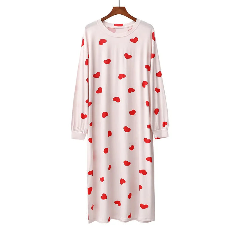 Modal Long-sleeved Women Nightgown Sweet Heart Ladies Room Wear Home Clothes Loose Comfortable Night Dress Lounge Nightshirt