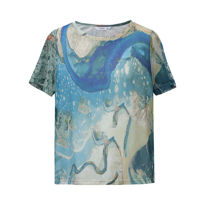 Amii Women's Tee Shirt 2026 Summer New Round Neck Short Sleeve Digital Print Mesh Tee Loose Fit Casual Top For Women 12622183