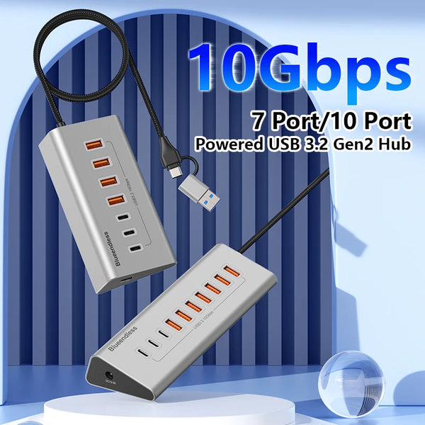 ប៊្លូអែនលីស អាលុយមីញ៉ូម USB3.2 ជំនាន់ទី 2 10Gbps 7 ច្រក 10 ច្រក USB-C Hub 7 ក្នុង 1 10 ក្នុង 1 USB-A Splitter Adapter សម្រាប់កុំព្យូទ័រយួរដៃ macbook