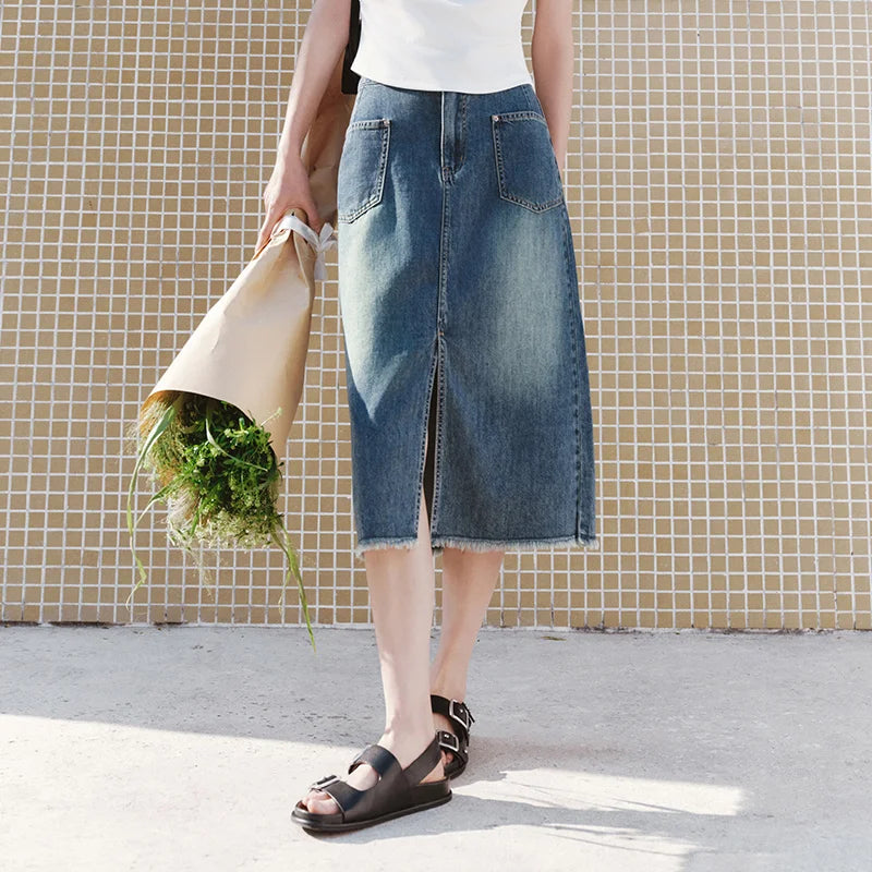 Semir Women Skirt HighWaist Slit Frayed Vintage Washed Straight Denim Long 2026 Trendy Street Daily Fashion Wear