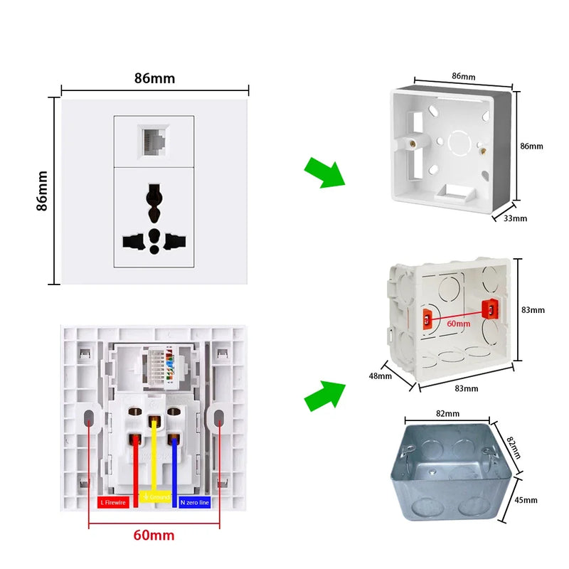 Universal 3-pin Wall Power Socket with Cat6 Network /HDML /USB Type-c/Fiber UK Wall PC Socket Intelligent Electrical Outlet plug