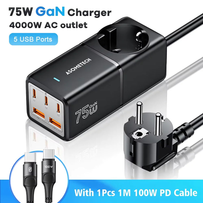 ឆ្នាំងសាកលឿន GaN Desktop 75W QC4.0 3.0 PD3.0 ស្ថានីយ៍សាកសម្រាប់ iPhone 14 13 Pro Max Xiaomi Samsung MacBook Laptop