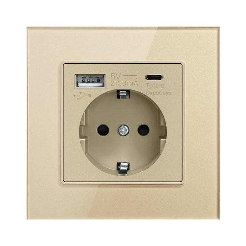 Grey EU USB C Wall Socket, Type-C Port Wall Plug Adapter, 16A Power Socket with USB Phone Charging, Russian Kazakhstan Outlet