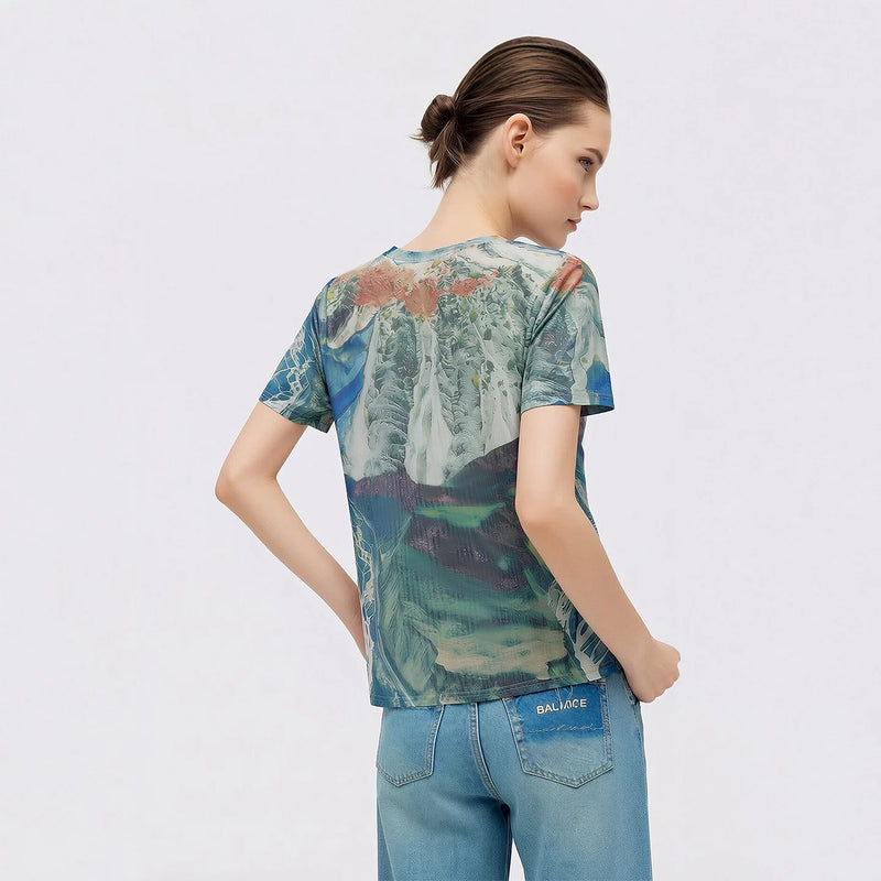 Amii Women's Tee Shirt 2026 Summer New Round Neck Short Sleeve Digital Print Mesh Tee Loose Fit Casual Top For Women 12622183