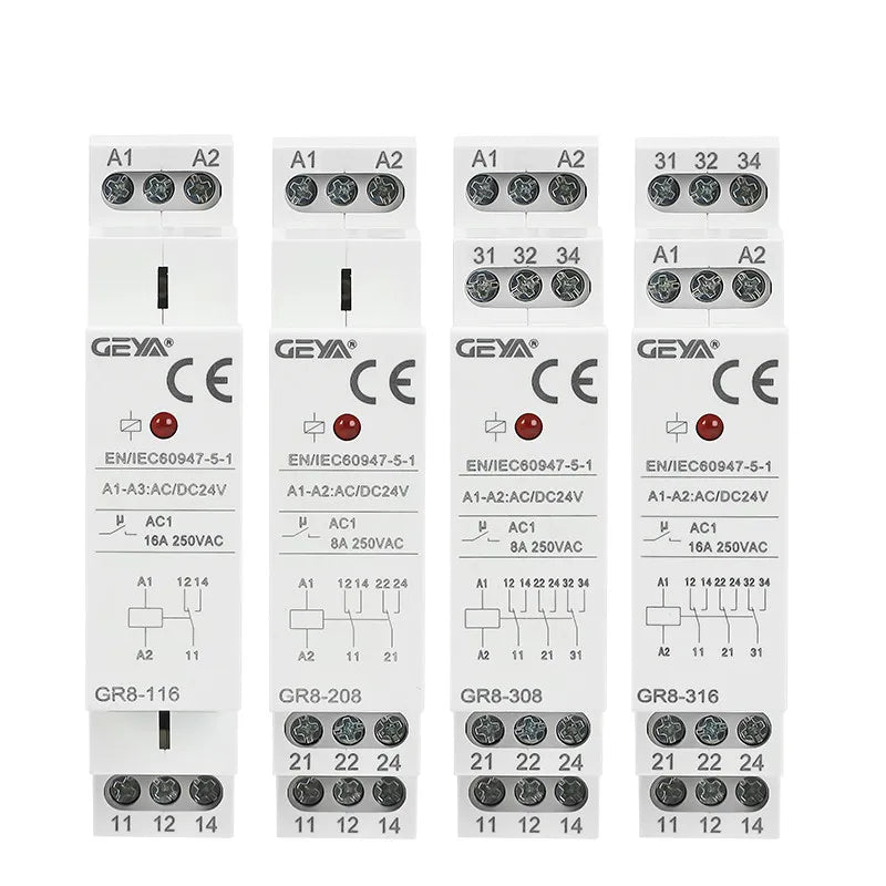 GEYA Din Rail Type GR8 AC DC 12V 24V 230V Switch Relay Intermediate Relay Auxiliary Relay 8A 16A ROHS Approved