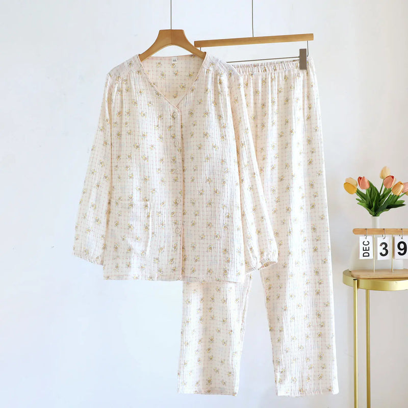 Chest Pad Long-sleeved Women's Home Clothes Floral Sleepwear Cotton Pyjamas Woman 2 Piece Sets Nighty Casual Loungewear Suit