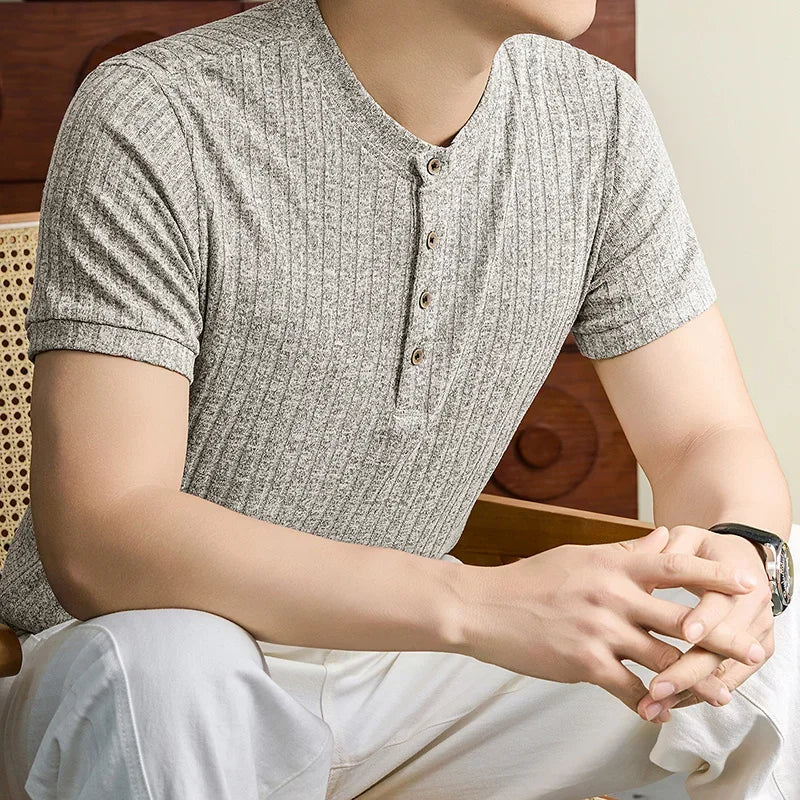 Daily Street Style Mens Speckle Textured Henley T Shirt Soft Knit Material Pub Visit Casual Dating And Short Trip Garment