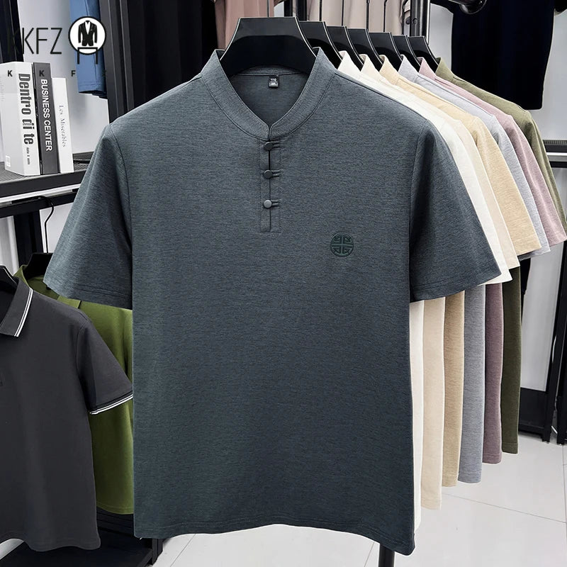 Mens Casual Short Sleeve Henley Shirt Mandarin Collar Frog Button Chinese Style Embroidered Summer Top
