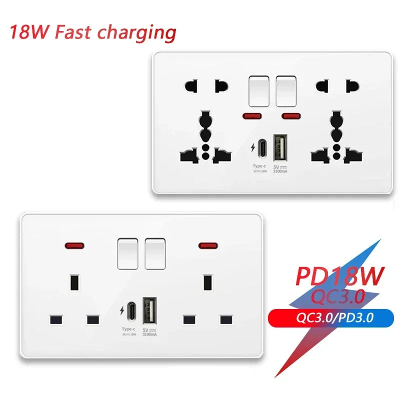 18W Type-C Plug Quick Charging Uk 13A Usb Wall Socket,Electrical Outlet with 3.1A USB C,Universal Dual 5-pin Power Socket Panel