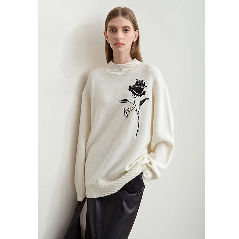 Amii Sweaters for Autumn Winter Women Clothing Cashmere Rose Embroidery Knit 2026 New Loose Long Sleeve Wool Sweater 12444269