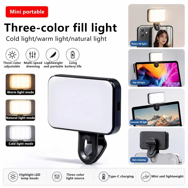 Portable Mini Selfie Fill Light 3 Modes Adjustable Rechargeable Pocket LED Clip On For Mobile Phone Laptop Live Video Fill Light
