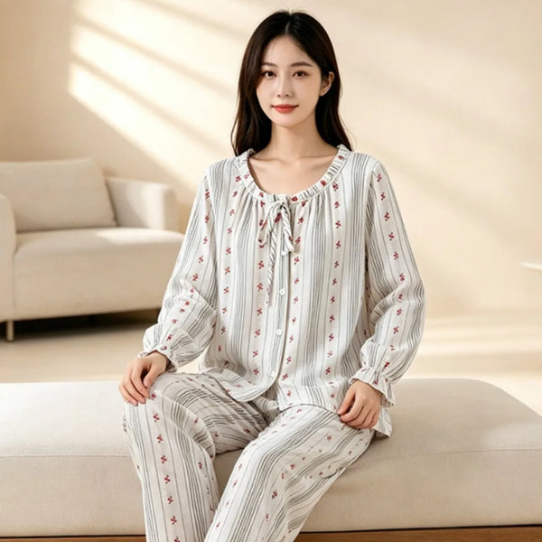 100% Cotton Women's Pajama Set Home Wear Floral Long Sleeve Loungewear Sleepwear Ladies Pijama 2 Pieces Set Night Wear Female