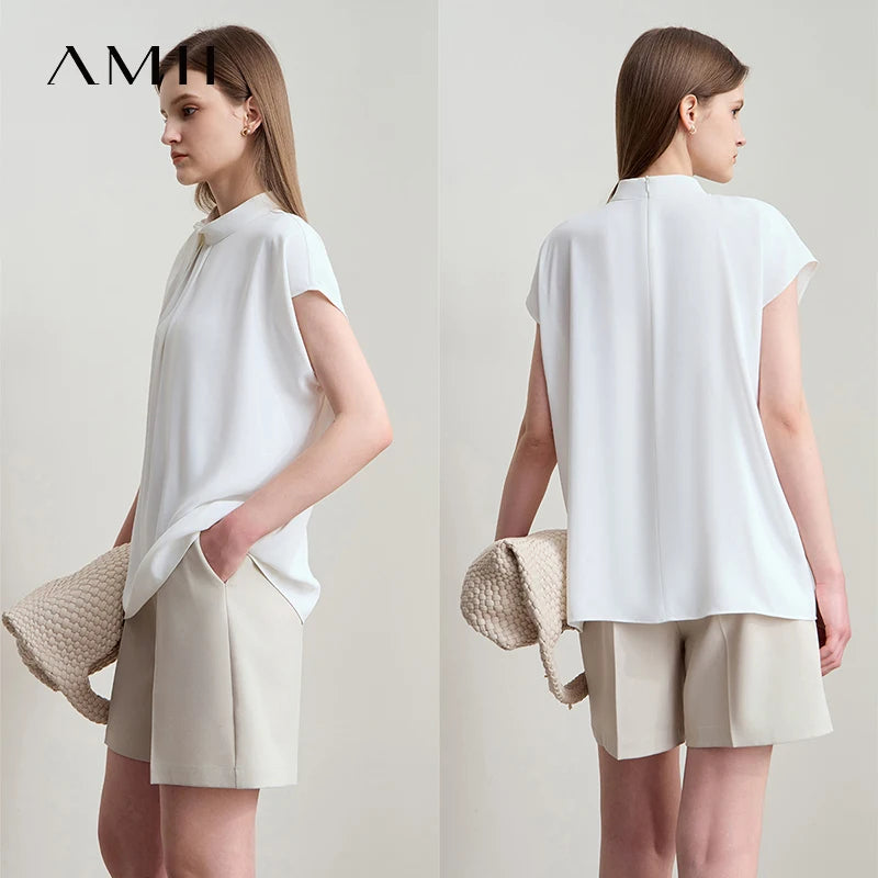 Amii Minimalist Casual Shirt Women Clothing 2026 Summer New Office Lady Asymmetric French Pleated Sleeve Comfort Blouse 12542217