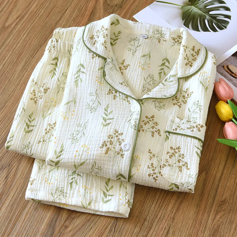 Nightwear 100% Cotton Women Pajama Printed Lapel Long Sleeve Trousers Sets Autumn Winter Home Wear Clothing Conjuntos De Pijama