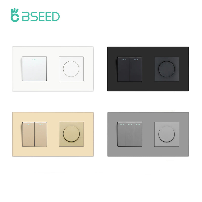 BSEED Mechanical Button Switch 1/2/3Gang 1Way Plus Knob Switch LED Dimmer Light Switch Plastic Frame Wall Light Switch On Off