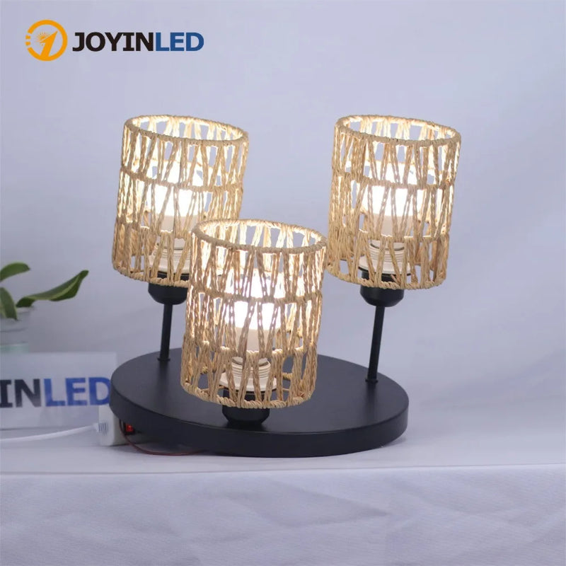 JOYINLED Rope Hemp Pendant Lights 3-Lights Rattan Light Ceiling Hanging Farmhouse Chandelier Lighting Hand Woven Wicker Shades