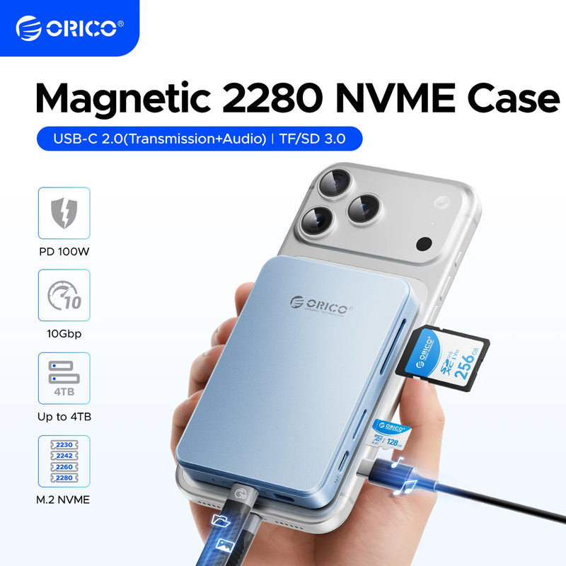 ORICO M.2 NVMe SSD Enclosure 2230-2280 MagSafe USB C 3.2 with TF/SD 3.0 Card Reader PD 100W for iPhone 16 17 Pro ProRes