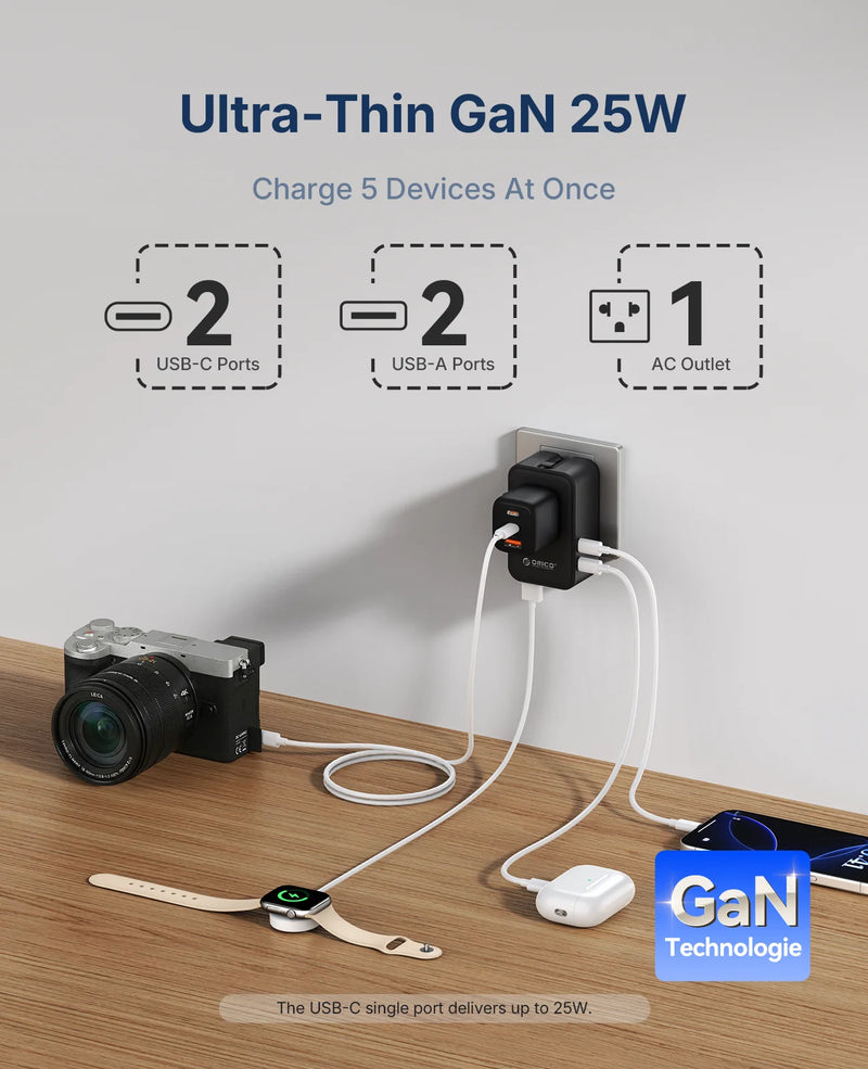 ORICO Ultra-Thin GaN 25W Universal International Travel Power Adapter with AC Outlets 4 USB Charging Ports Wall Plug US EU UK AU