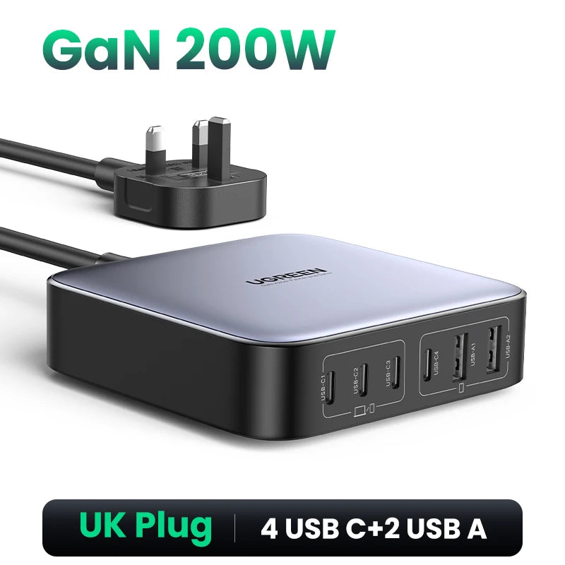 UGREEN 200W GaN Charger Desktop Laptop Fast Charger 6 in 1 Adapter For iPhone 17 16 Pro Xiaomi Samsung Tablets Macbook Charger
