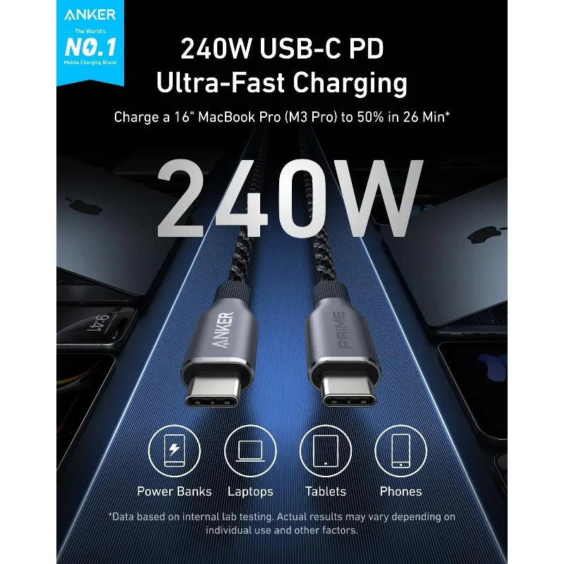 ខ្សែសាកទិន្នន័យ ANKER Prime 240W Dual Type C ប្រវែង 3 ហ្វីត ផលិតពីនីឡុងស្រោប រឹងមាំ 100 ឆ្នាំ