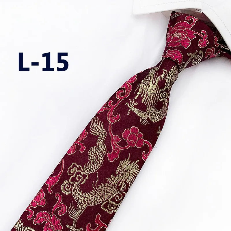 Men's Red Tie with A Chinese-style Design, Featuring A Jacquard Pattern of A Chinese Dragon; Available in Multiple Colors.