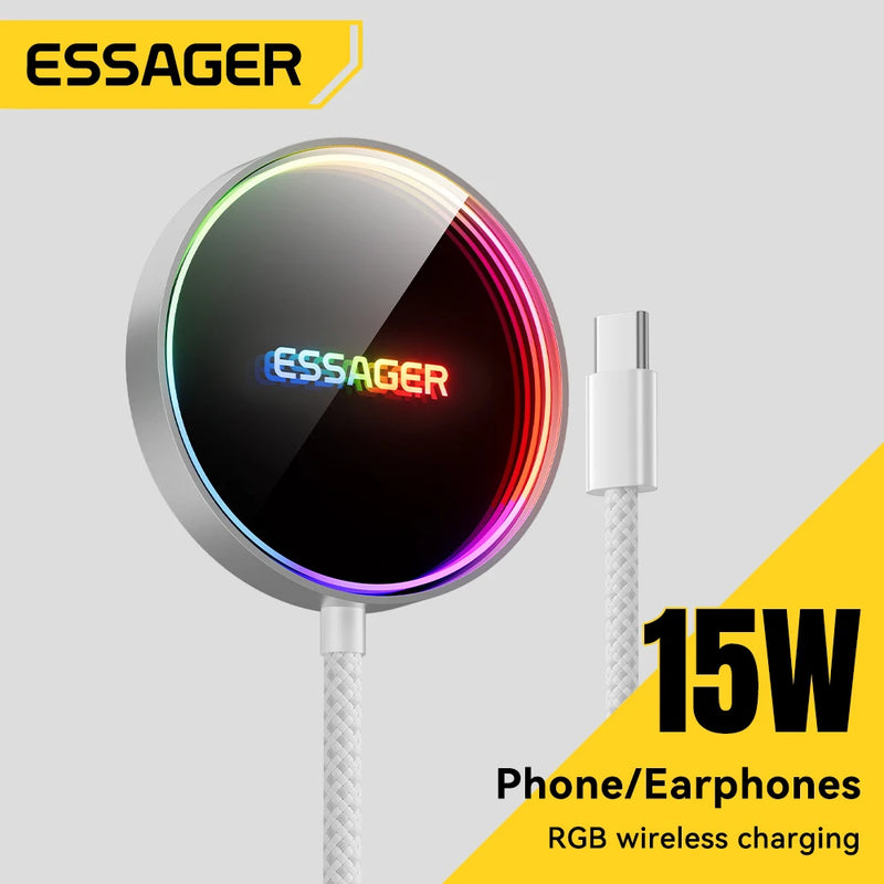 ឆ្នាំងសាកឥតខ្សែ ESSAGER 15W ម៉ាញេទិក RGB សាកថ្មទូរស័ព្ទលឿនសម្រាប់ iPhone 16 15 14 13 Pro សម្រាប់ Macsafe Phone Charging Dock