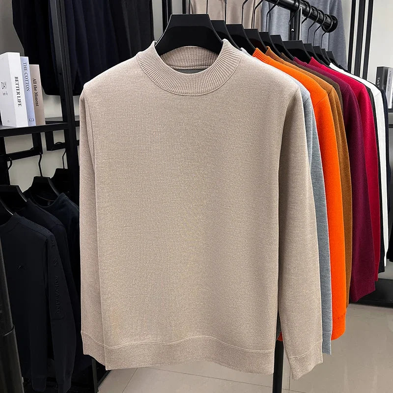 Soft Knitted Half High Neck Sweater Men Full Fleece Lined Thermal Pullover Breathable Long Sleeve Outfit For Fall Winter
