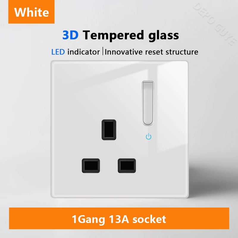 White LED indicator light switch Panel glass piano key Self-reset wall switch socket,UK Universal USB Type-C Electrical outlet