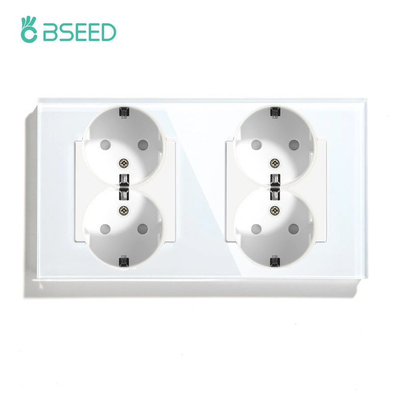 BSEED EU Wall Sockets Double Power Outlets White Black Double Frame USB Type-C Phone Charge Port Glass Panel Kids Protection 16A