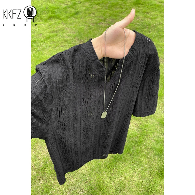 Men Casual Henley V Neck Short Sleeve Top Hollow Jacquard Weave Breathable Cloth For Street Daily Matching Scenarios