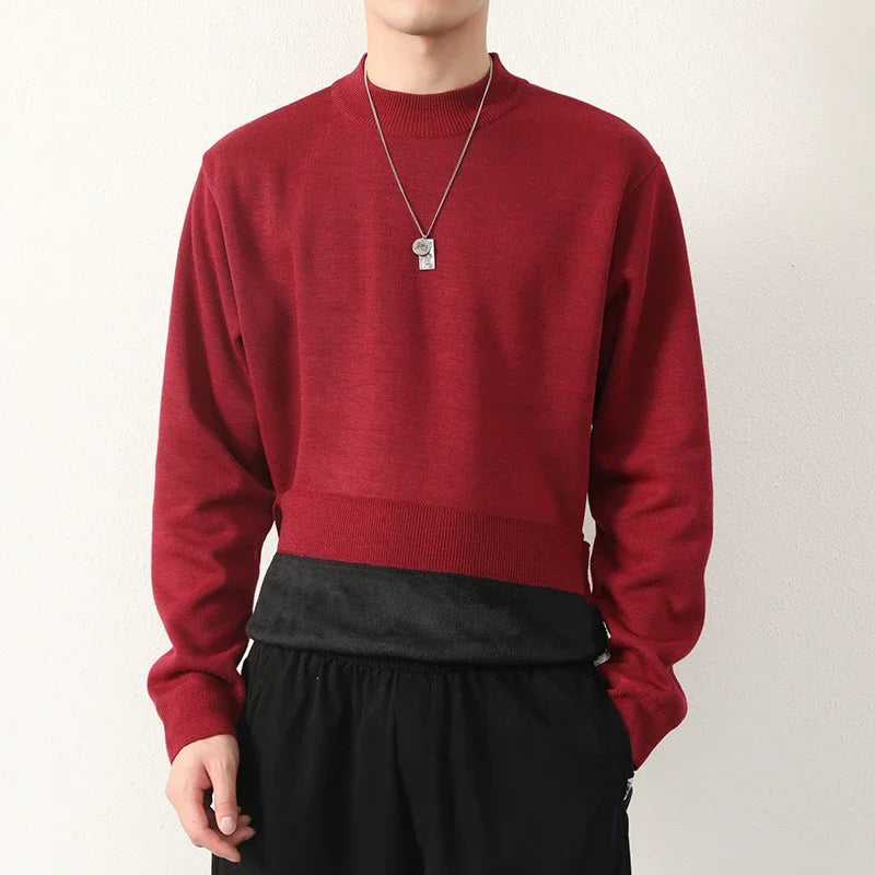 Men Loose Silhouette Half Turtleneck Knitwear Full Plush Lining Long Sleeve Thermal Sweater Casual Daily Base Outfit