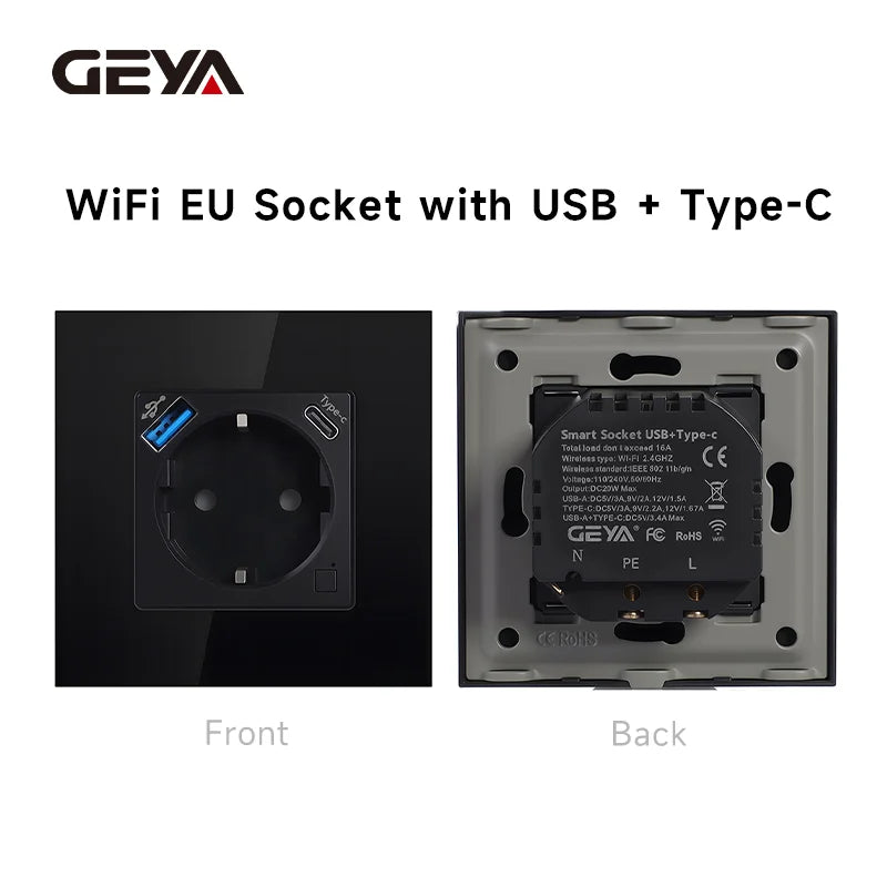 GEYA Wifi EU Socket With 20W Type-C USB Interface Fast Charging Ports Smart Sockets Support Tuya Smart Life Alexa App 16A