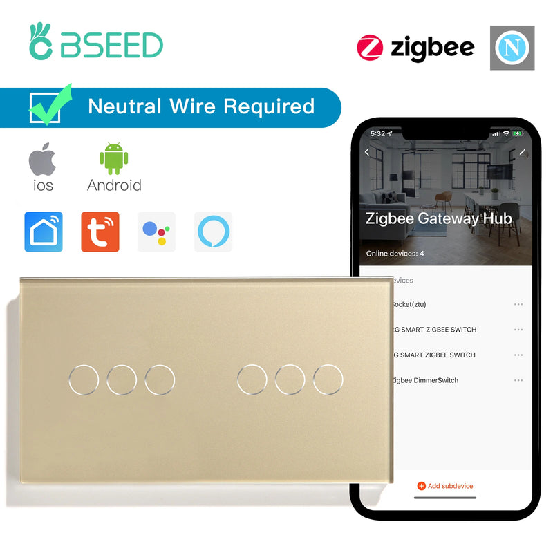 BSEED Zigbee Smart Switch Double 1/2/3Gang 1/2/3Way Wireless Light Switch Support Tuya Google Home App Alexa Voice Control