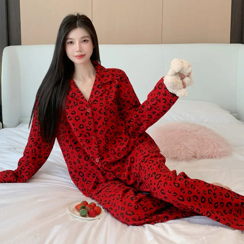 Leopard Print Cotton Pajamas Woman Sleepwear Home Wear Spring Autumn Long Sleeve Nightwear Women's 2-piece Sets Pijama Pyjamas