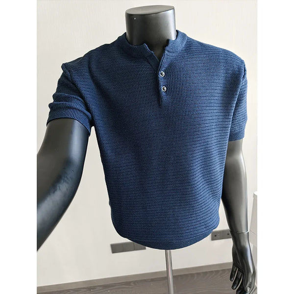Men’s Short Sleeve Knit Polo Shirt Vintage Old Money Style Solid Color Breathable Cool Touch Henley Collar Top